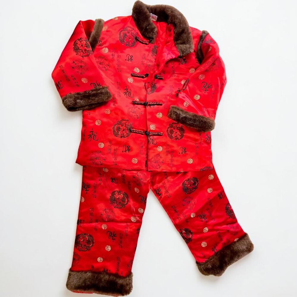 Chinese Lunar New Year Red Satin Brocade 2 Pc Outfit Faux Fur Dragon Child